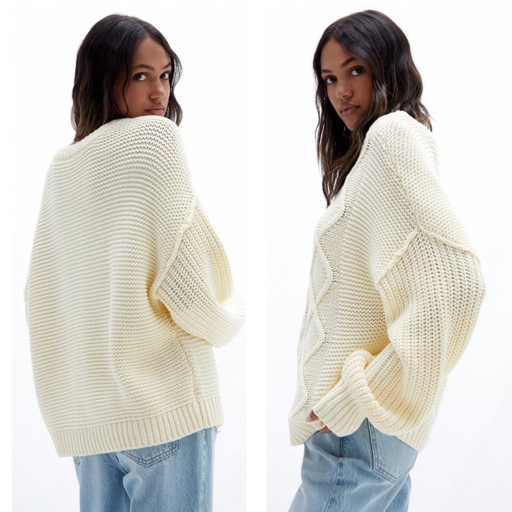 Free People Soft Cozy Chunky Knit Dream Cable Crewneck Sweater Cream Size XL - Picture 7 of 9